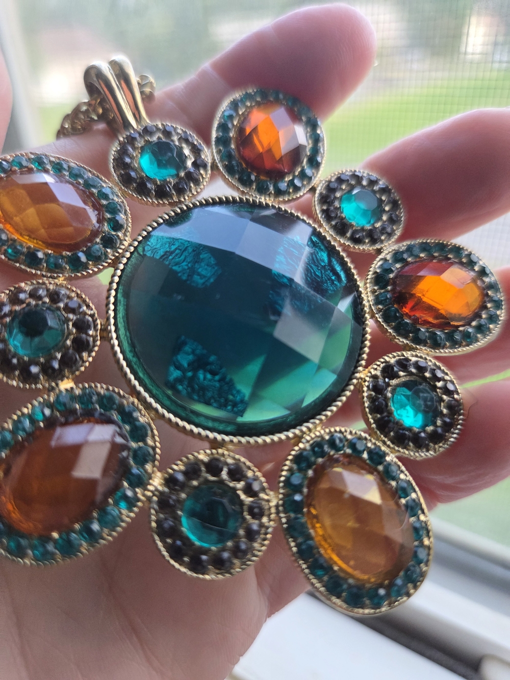 Gold-Tone Statement Necklace Pendant with Teal and Amber Stones